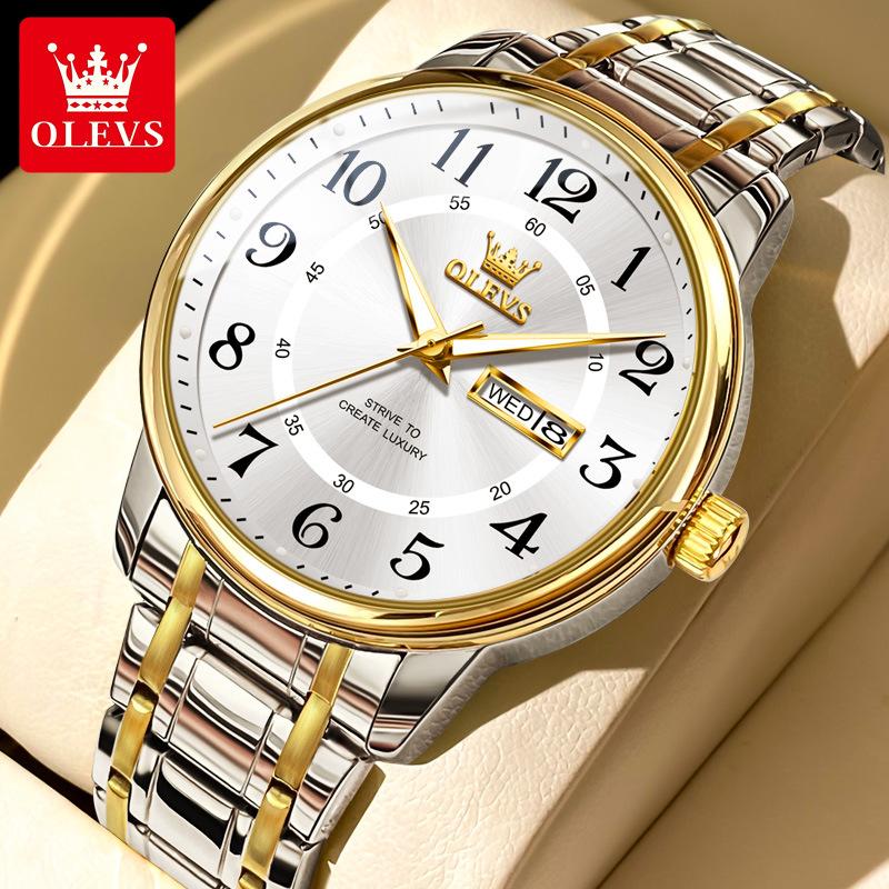 OLEVS Кварцевые часы для пары мужчин и женщин, светящиеся наручные часы с календарем из нержавеющей стали с ромбовидным ремешком, наручные часы