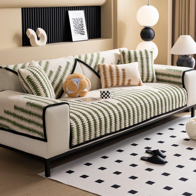 Sofa Cushion New Thousand Bird Grid Thickened Plush Seat Cushion High-End Non-Slip Leather Sofa Cover Winter Cover