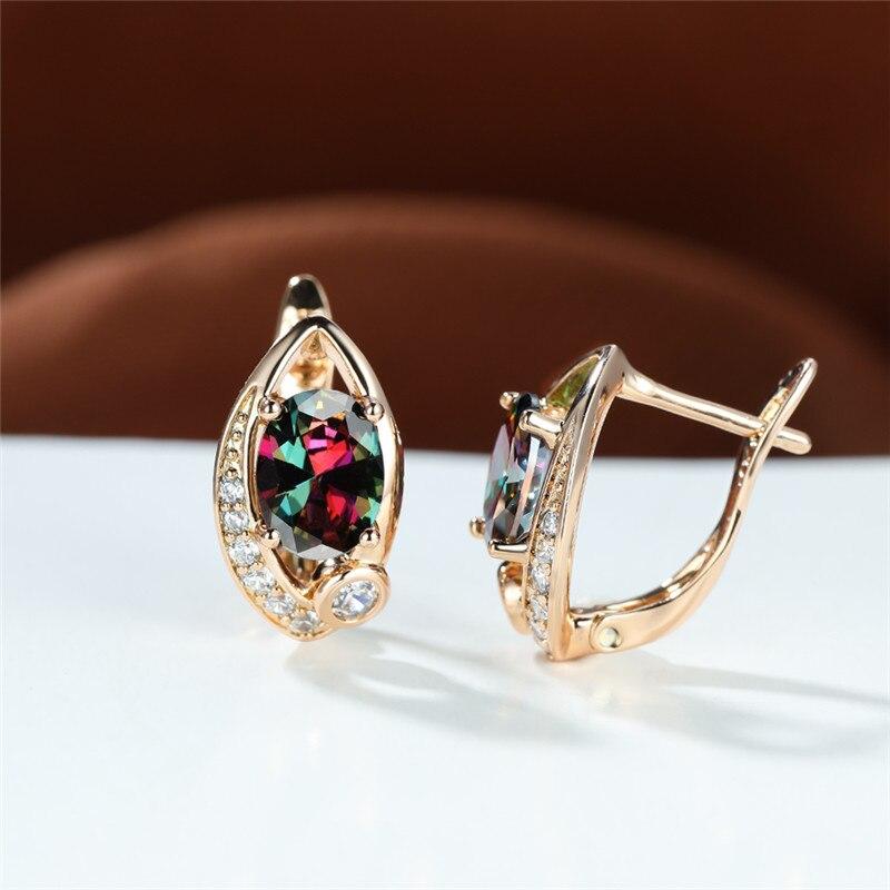 Mystic Rainbow Crystal Oval Stone Earrings Charm Rose Gold Color Wedding Earrings Cute Multicolor Zircon Hoop Earrings For Women