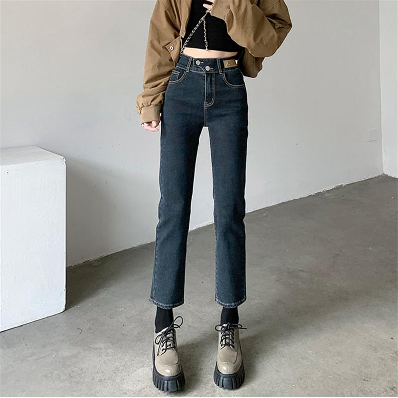 Осень-зима, популярные женские брюки с высокой талией, простые повседневные утолщенные теплые уличные брюки, эластичные прямые брюки, винтажные женские джинсы