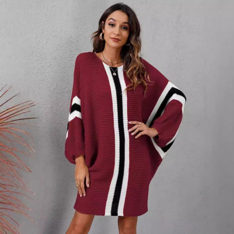 Womens Knit Sweater Dress Loose Batwing Sleeve Colorblock Midi DP049