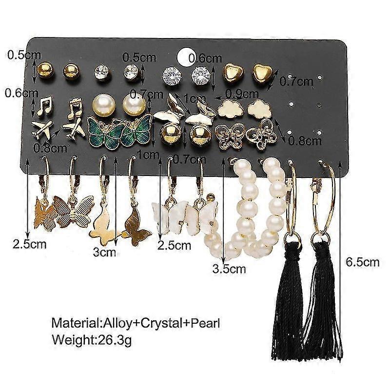 17 Pair Set Retro Imitation Pearls Butterfly Tassel Earrings Heart Rhinestone