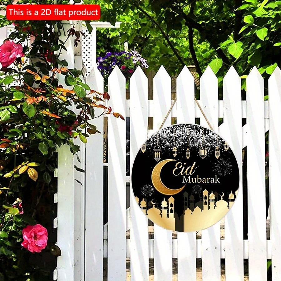 2D Flat 20*20cm1pc Eid Mubarak Black Gold Moon Fireworks Background Good Quality Round Wooden Pendant, Celebrate Eid Ceiling Hanging Ornament, Islam