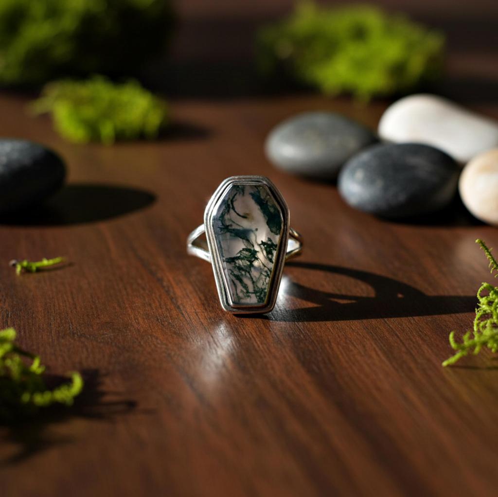 Кольцо в виде гроба, Кольцо с моховым агатом, Кольцо из чистого серебра 925 пробы, Ювелирные изделия ручной работы, Кольцо в стиле бохо, Кольцо с зеленым драгоценным камнем, Заявление, Кольцо Обещания