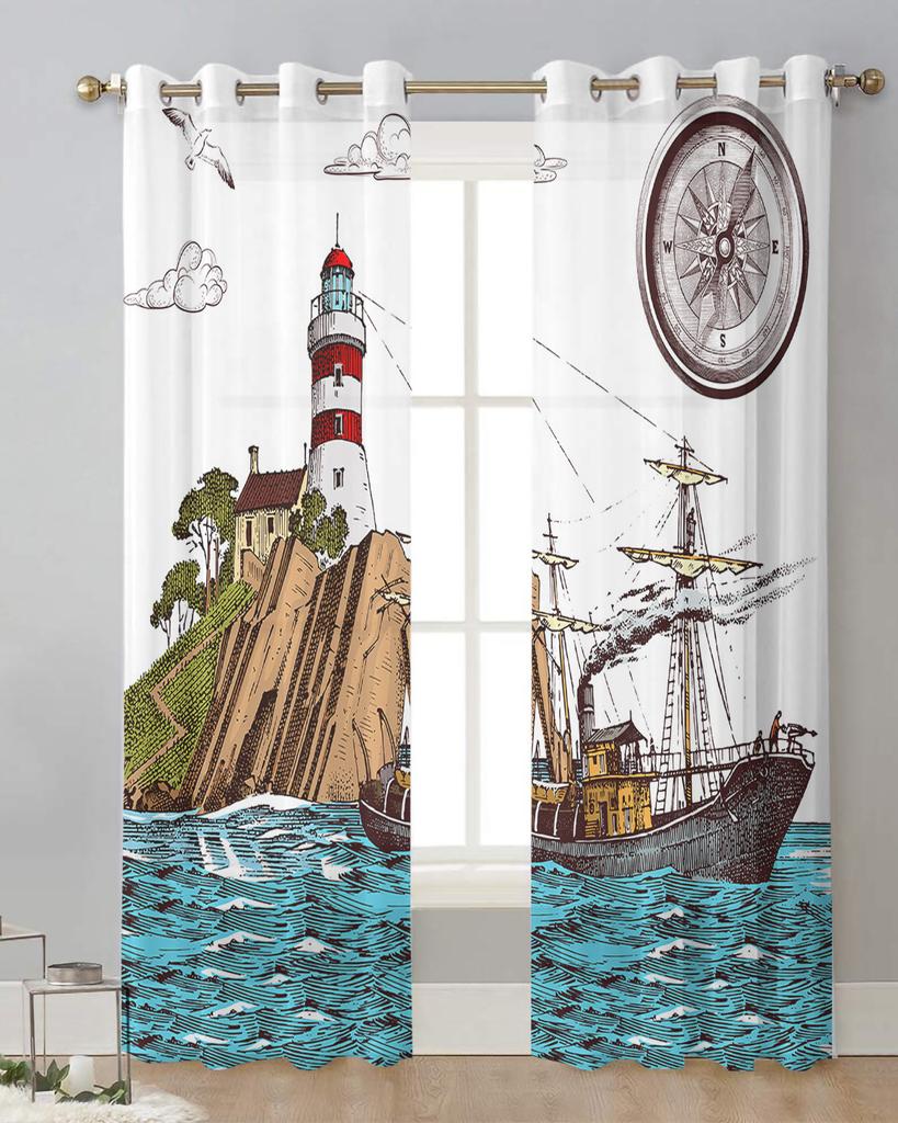Retro Illustration Lighthouse Sailing Ship Sheer Curtains for Living Room Decor Window Curtains Kitchen Tulle Voile Curtains
