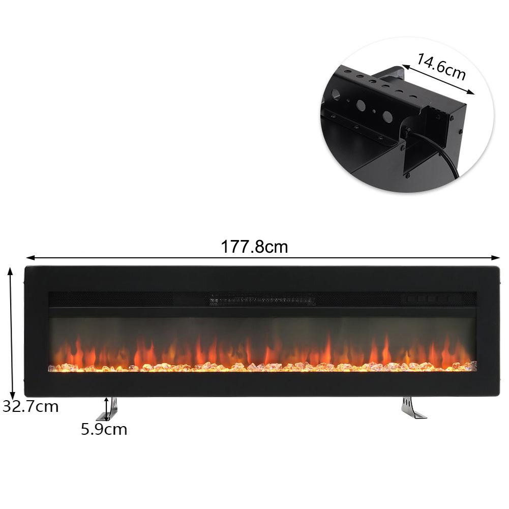 70in Black Electric Fireplace, Wall Mount & Freestanding, 12 Color LED Flame with Crystal Decor, 177.8×14.6×32.7cm