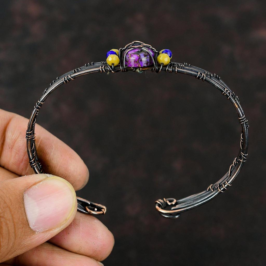 Медный Фиолетовый Бирюзовый Браслет Желтый Коралл и Лазурит Бусы Манжеты Медная проволока Ювелирные Изделия Регулируемый Браслет Драгоценный Камень Манжета Ручной Работы