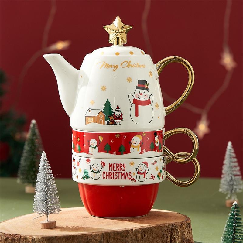 Christmas Ceramic Teapot Teacups Set with Gift Box Santa Claus/Elk Cartoon Teaware Coffee Cup Home Party Decor Christmas Gifts