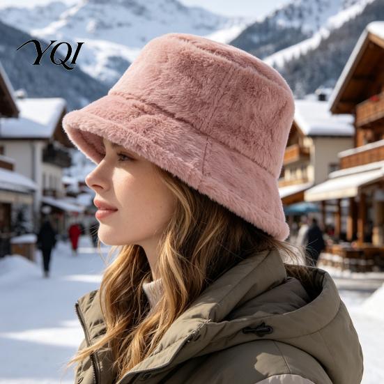 Thickened Soft Faux Fur Cap Women Plush Bucket Hat, Winter Warm Fisherman Cap, Cozy Hat Fluffy for Autumn Daily Wear Everyday Commuter