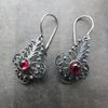 Vintage Minimalist Carved Geometric Red Crystal Ancient Silver Earrings
