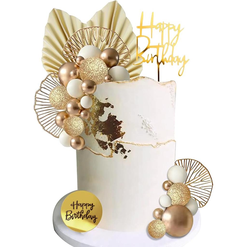 White Gold Balls Cake Toppers Balls Birthday Cake Decorations for Birthday Boho Wedding Baby Shower Party Supplies (White Gold)