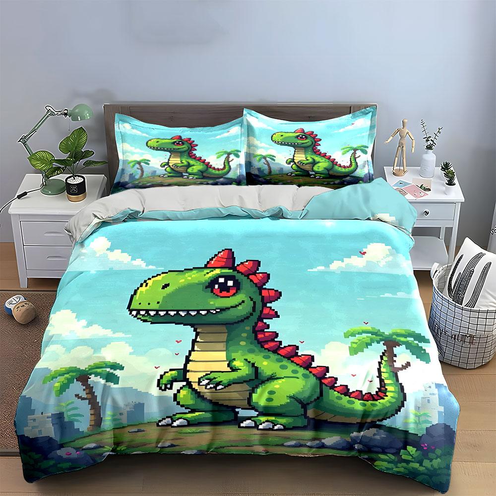 Cute Pixel Art Green Dinosaur Bedding Duvet Cover Set (1*Duvet Cover 2*Pillowcases, without duvet insert)