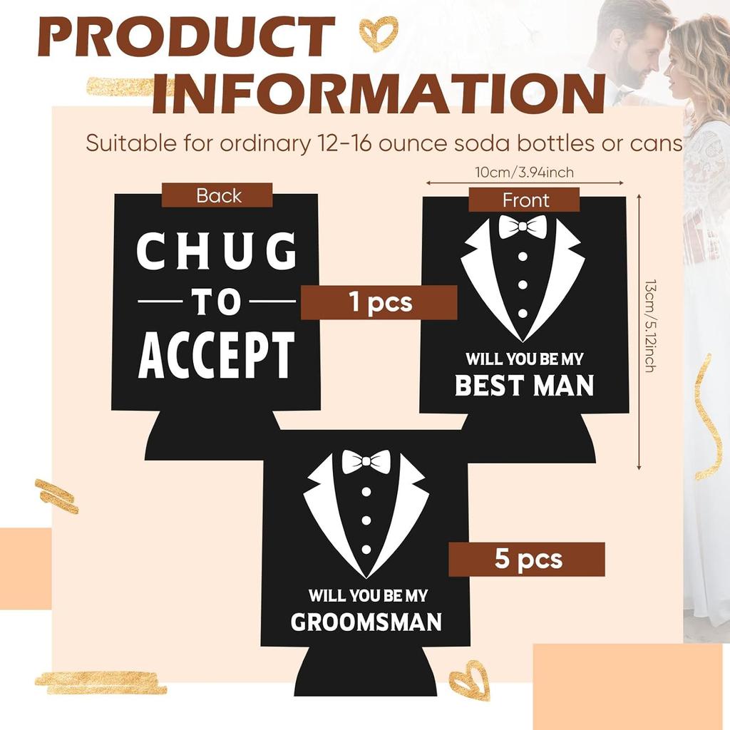 6 Pack Groomsmen Best Man Proposal Can Coolers Bachelor Gifts Groomsmen Gifts Funny Novelty Neoprene Hugger Can Sleeve Favors for Bachelor Party for