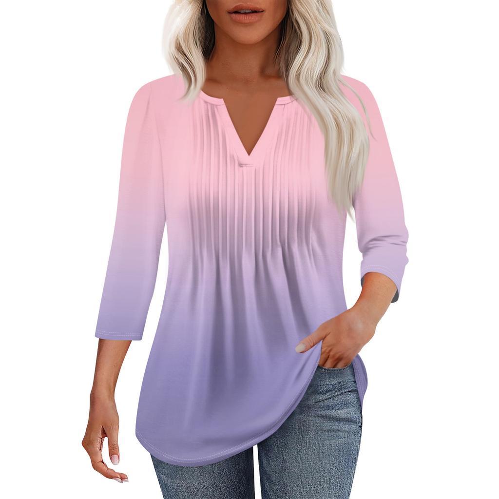 Women's Fashionable Casual Pleated V Neck Solid Color Seven Quarter Sleeve T-shirt Top