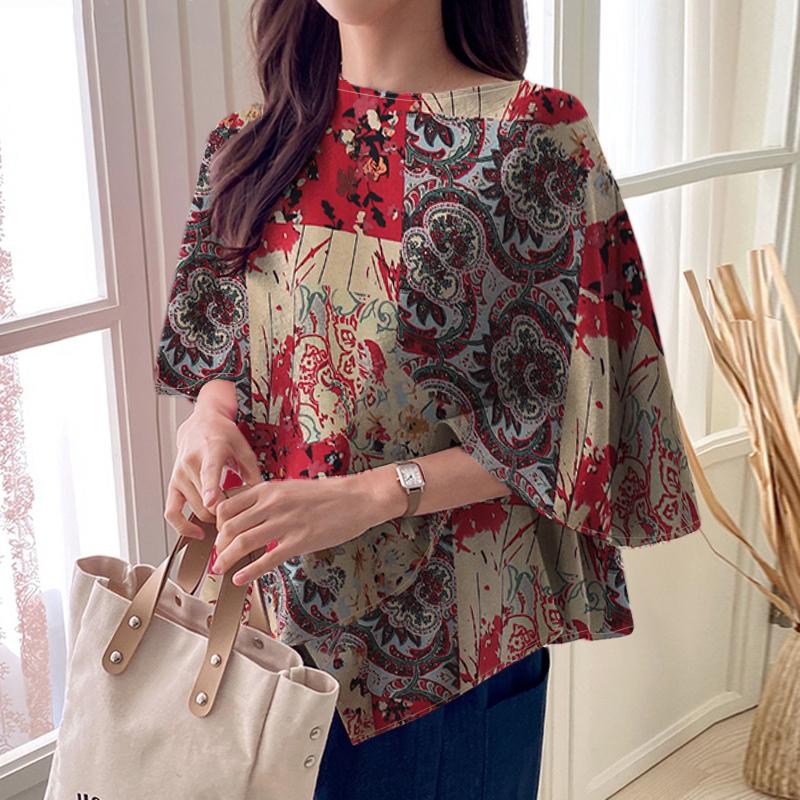 ZANZEA Женская повседневная хлопковая блузка с круглым вырезом и рукавом «летучая мышь» с этническим принтом