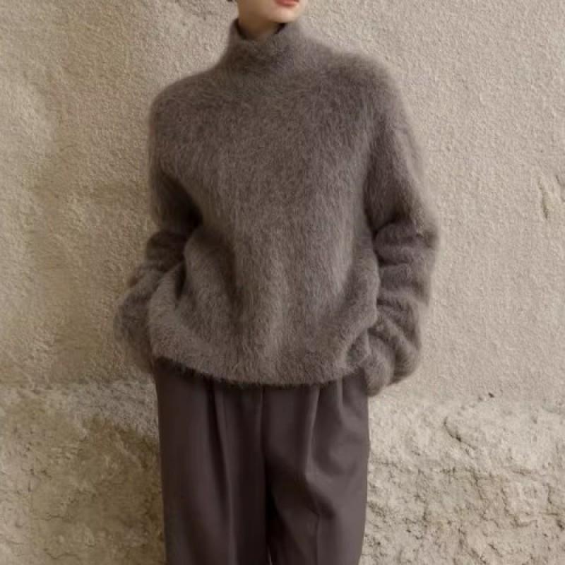 Soft Faux Mink Knit High Neck Sweater Women Loose Fit Warm Pullover Oversized Casual Top In Solid Colors
