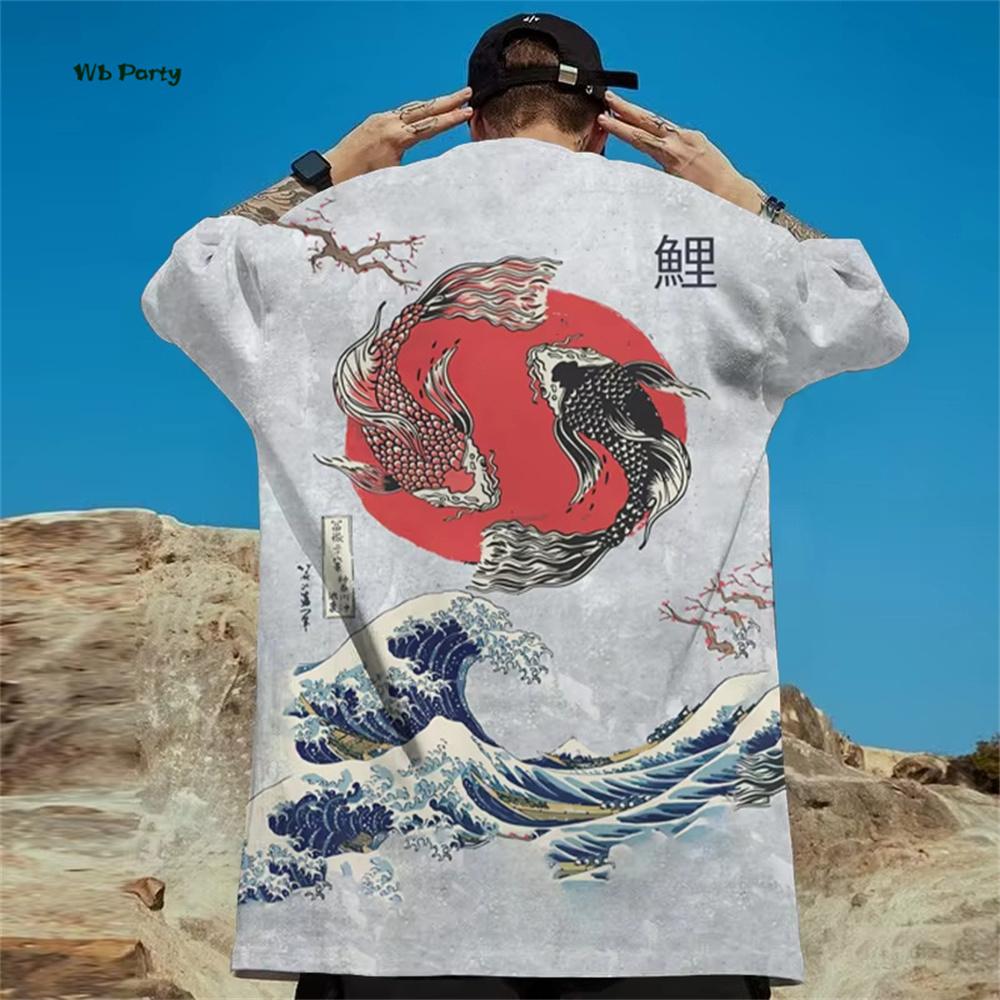 Японская футболка Ukiyo-E для мужчин с принтом Рыбы Инь-Ян, футболка с коротким рукавом, свободные повседневные топы, летняя мода, одежда для улицы