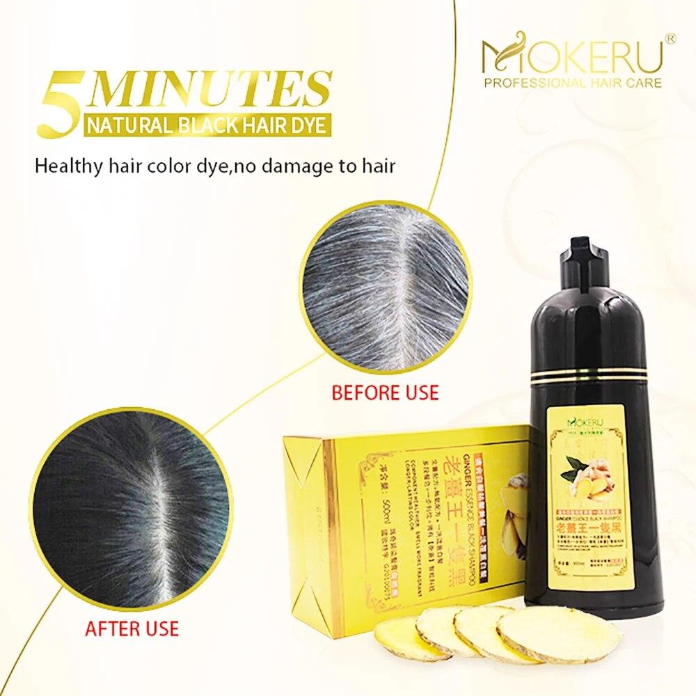 MOKERU 500ml Long Lasting Natural 5 Minutes Fast Dye Hair Ginger Black Color Hair Dye Shampoo for Gray Hair Dying Permanent