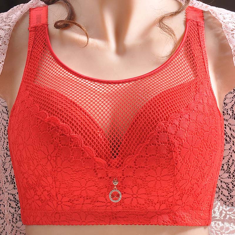 C-E Large Size Breast Thin No Steel Ring Without Sponge Gathered A Pair of Milk Underwear Women's Breathable Anti -light Full Cup Lace Lace Decoration