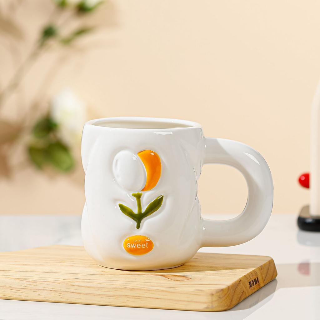 Small Fresh Small Flower Relief Three Dimensional Ceramic Cup for Girls' Office High Value Mug High Temperature Water Cup