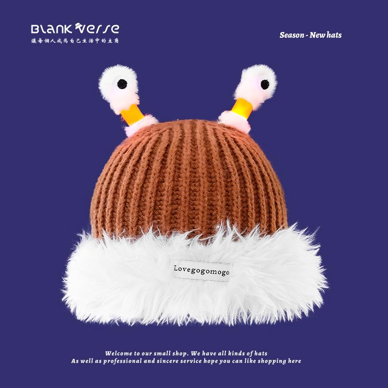 Шапка, женская модная осенне-зимняя забавная светящаяся шапка из шерсти с изображением маленького монстра, теплая вязаная шапка с большим репейником