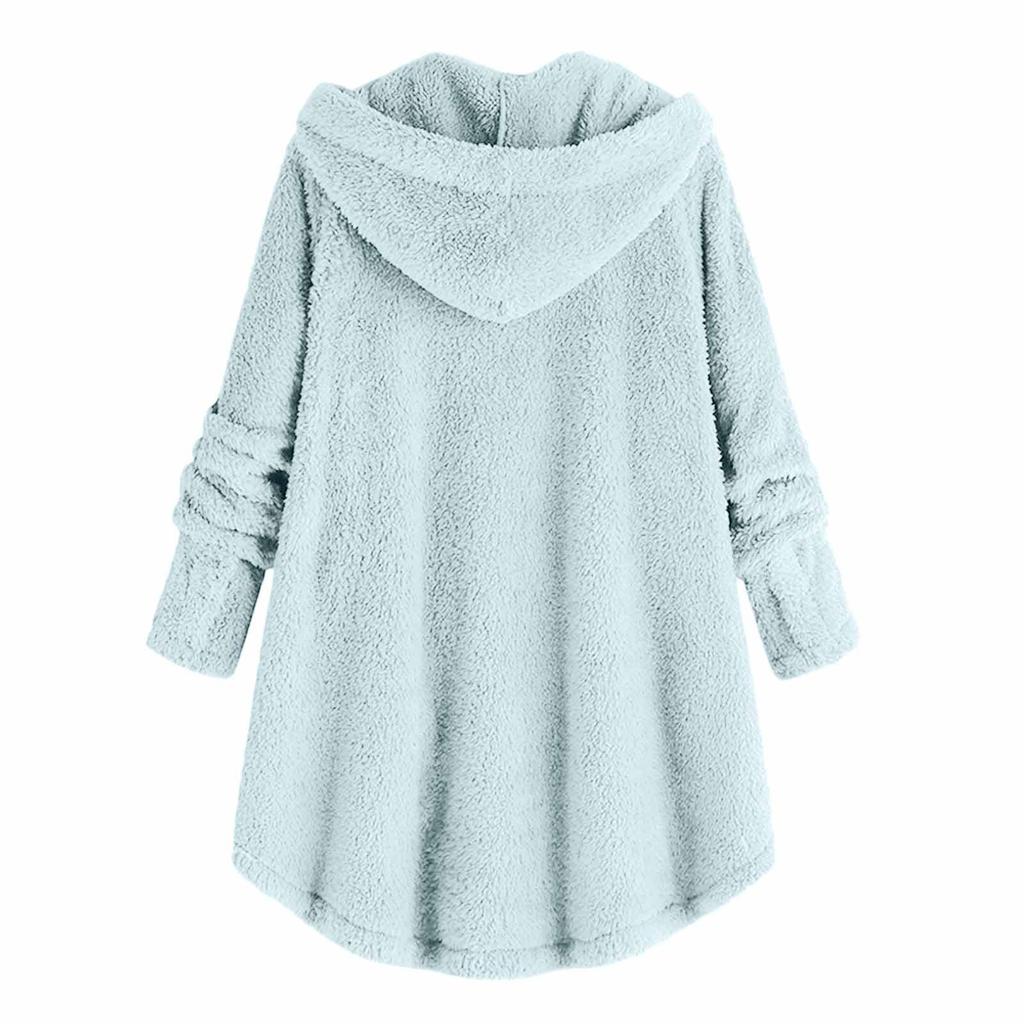 Women Plus Size Button Plush Tops Hooded Loose Cardigan Wool Coat Winter Jacket