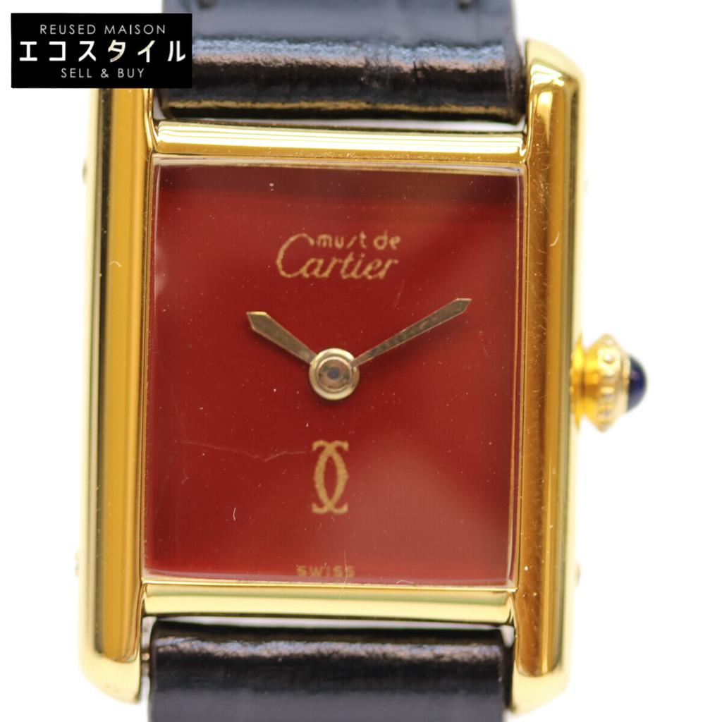 Cartier 76-81 925 Must Tank Vermeil SM Bold Dial Hand Winding Leather Watches Black / goldUsed