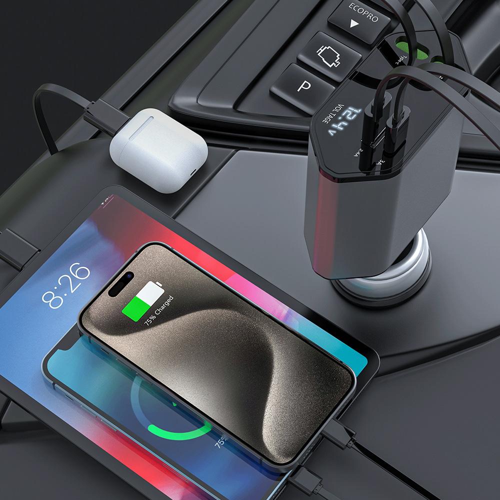 Retractable Car Charger 2 Ports USB Type C Fast Car Charger for iPhone 16 15 14 13 12 Pro Max Samsung