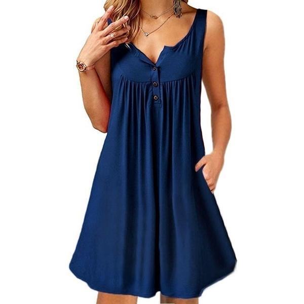 Женская одежда Модные летние платья больших размеров Повседневное платье-майка Свободные вечерние платья с v-образным вырезом Футболка с карманами на плечах Платья без рукавов