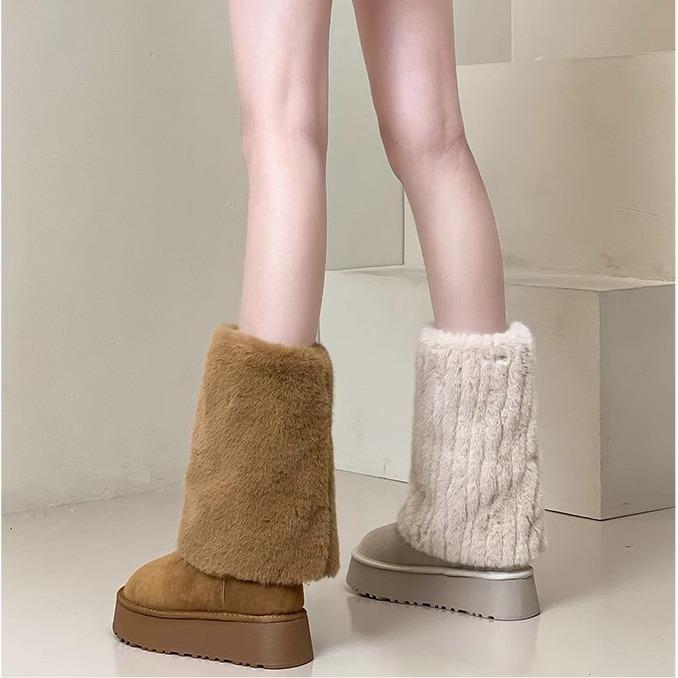 Модные женские сапоги в корейском стиле с мехом 2024 года, новые зимние плюшевые теплые женские сапоги до середины икры, повседневные зимние сапоги на платформе для отдыха на открытом воздухе