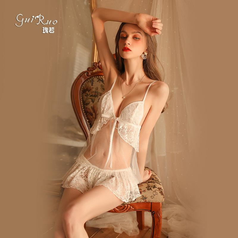 Women's Sheer Mesh Low Cut Lace Up Comfy Cami Dress Lounge Set