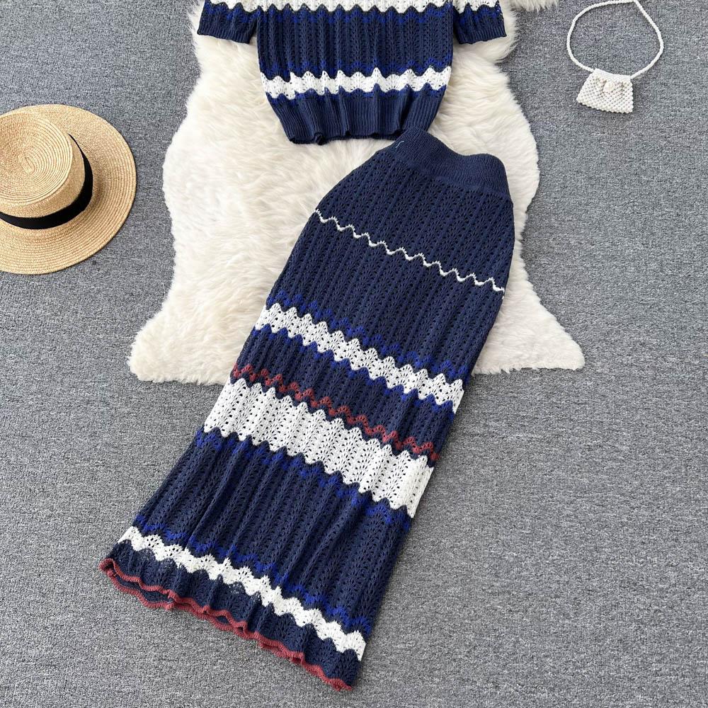 Женский осенний костюм-двойка Топ с коротким рукавом, вязаный свитер, Юбка-карандаш с завышенной талией, облегающая бедра