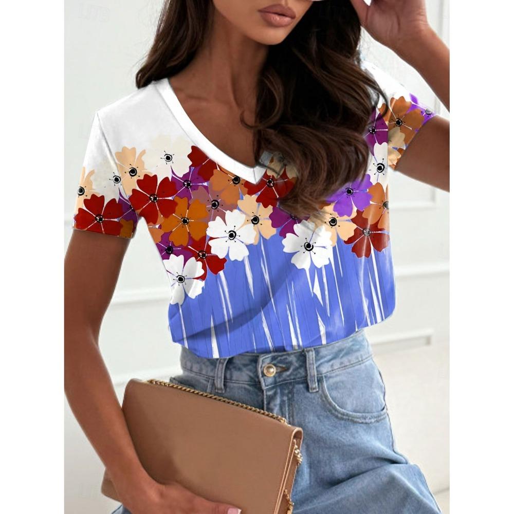 2025 Женская футболка с цветочным принтом, модные топы с V-образным вырезом и коротким рукавом, повседневные футболки с принтом, летние повседневные топы Y2K