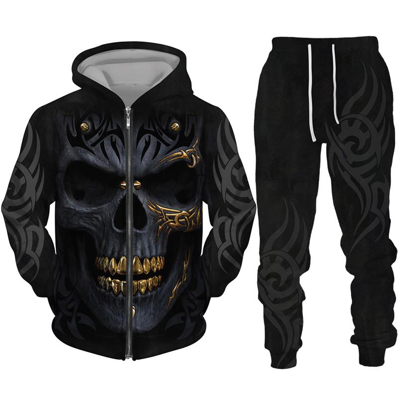 Cool Skull 3D Printed Black Zipper Hoodie Pants Suit Gothic Punk Style Men Women Tracksuit Set 2023 Halloween Streetwear Costume