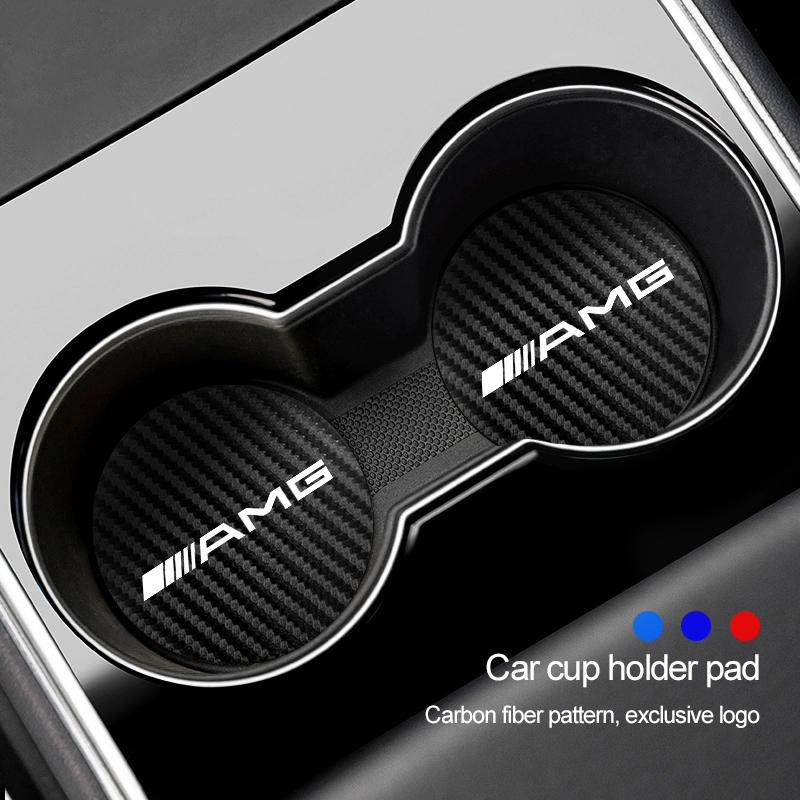 2 PCS Carbon Fiber Patterned Leather Coasters Car Cup Holders Silent Pads For Mercedes Benz AMG W204 W205 W203 W211 W212 W213 OR5