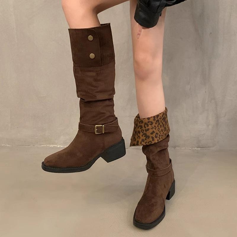 Замшевые женские высокие сапоги на толстом каблуке до колена, туфли на среднем каблуке, зимняя женская тенденция 2024 года, новые готические модные туфли-лодочки Snow Chelsea Botas Mujer