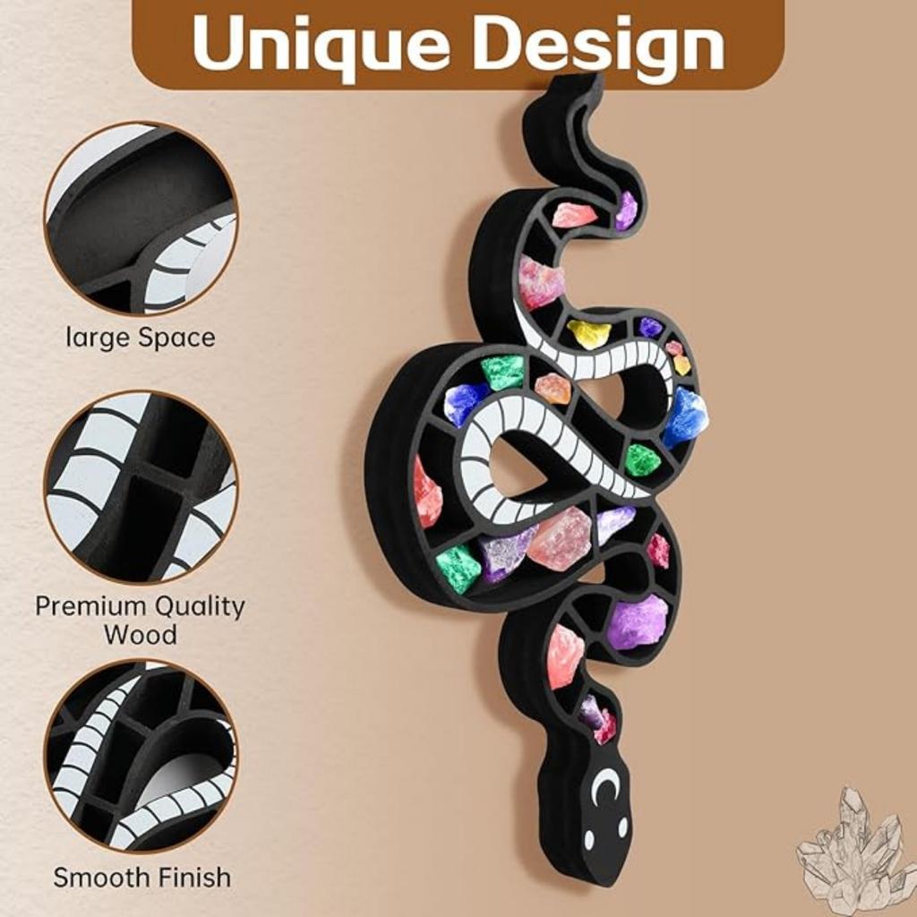 Wooden Floating Shelf Snake Design Unique Room Decor Crystal & Rock Display Shelf, Floating Wall Shelves for Rocks, Crystals, Oils, Stones, Plants