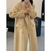 Retro Gold Buckle Brown Suit Double-sided Wool Coat for Women Autumn and Winter Double-breasted Mid-length Herringbone Wool Coat