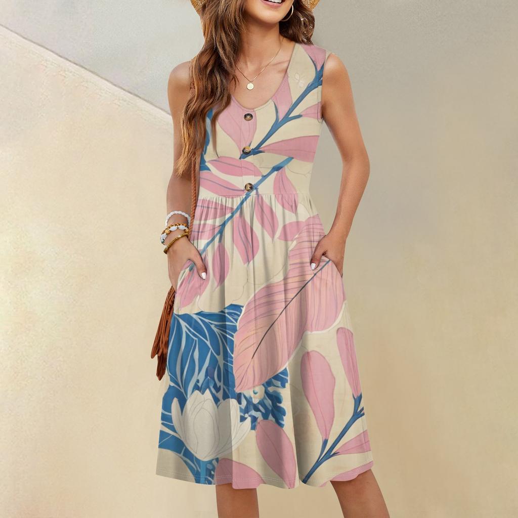 Женское повседневное модное сексуальное платье с V-образным вырезом, украшением на пуговицах, без рукавов, с принтом, бутоньеркой