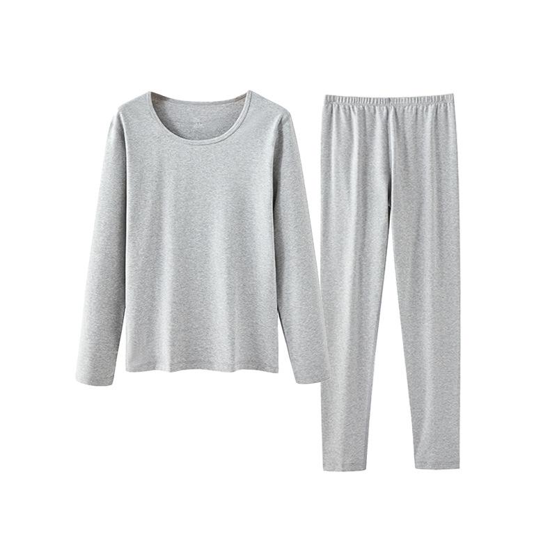 Женский комплект термобелья большого размера из двухсторонней фланели - Чистый хлопок, Толстый базовый слой с круглым вырезом для осени и зимы