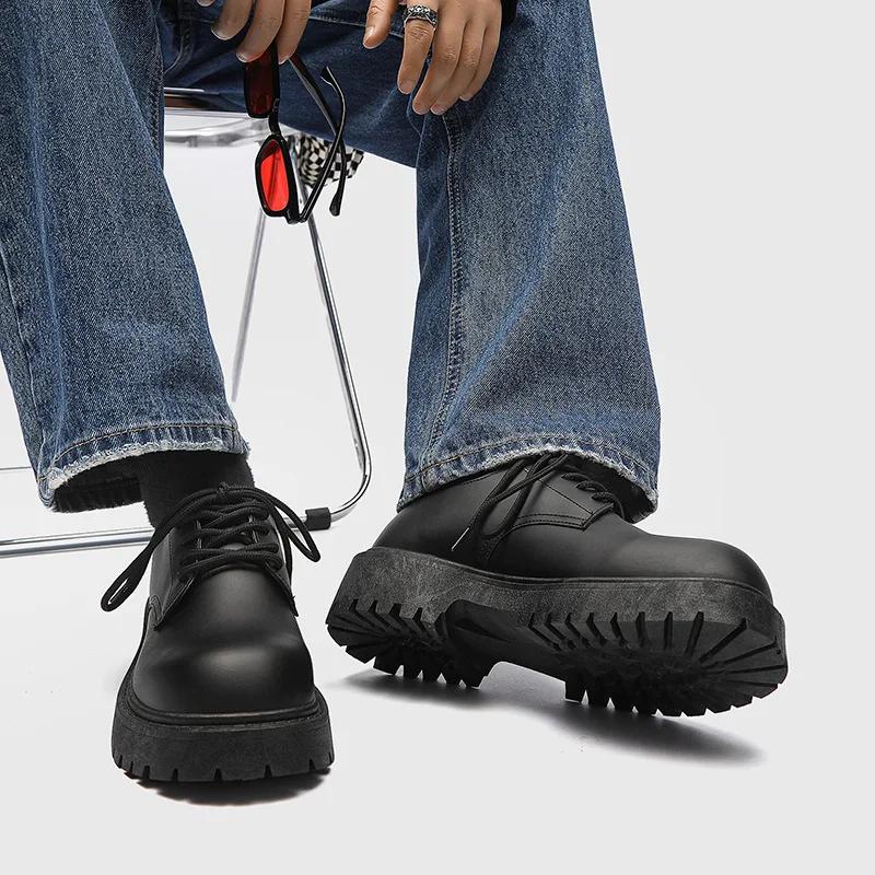 Plus Size Men Leather Shoes Black Platform Lace Up Casual Shoes for Young Men British Style Business Social