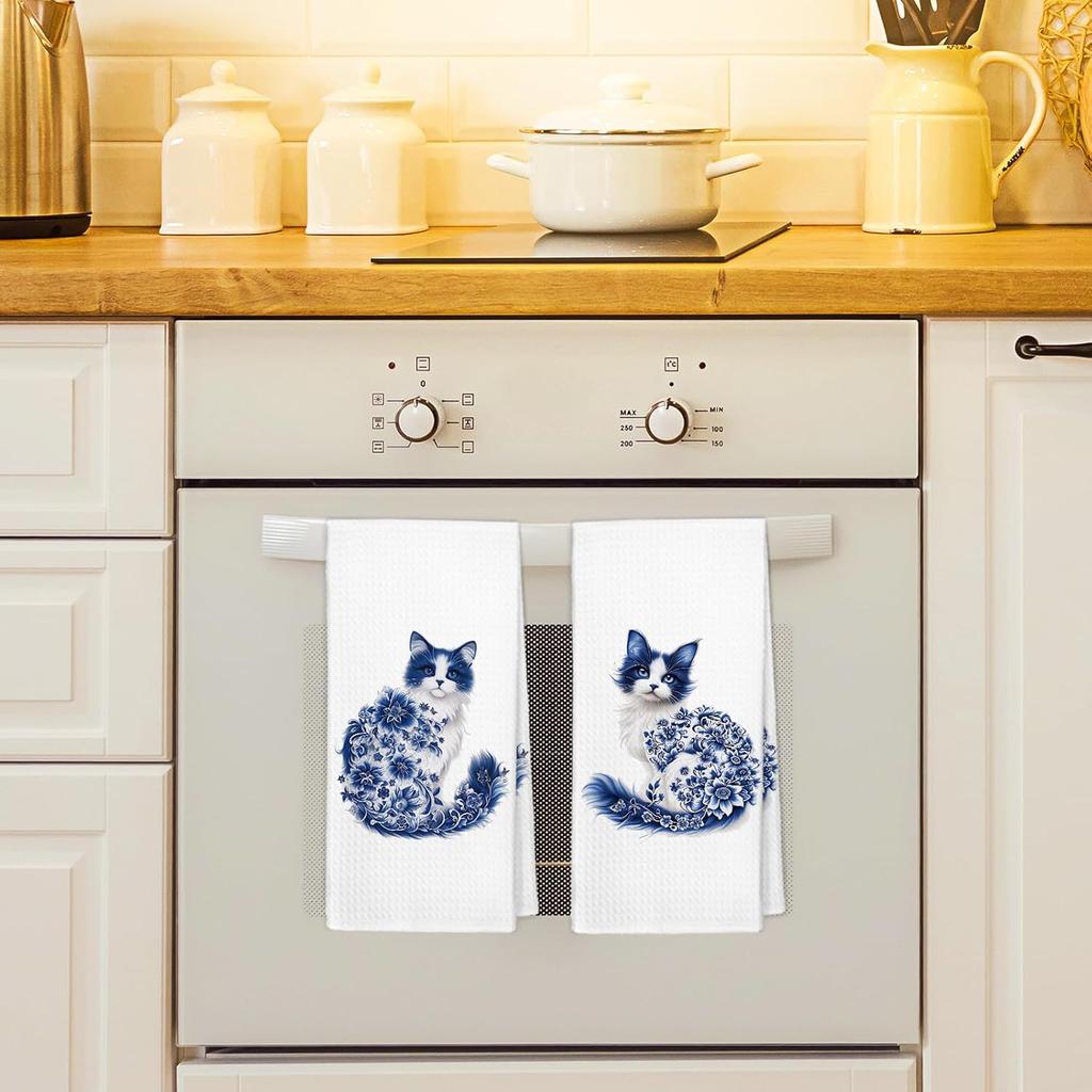 Flower Cat Kitchen Towels Set of 2, Floral Cats Mom Towels for Cat Lovers Women Girls Dish Hand Tea Towel, Cute Light Blue and White Chinoiserie