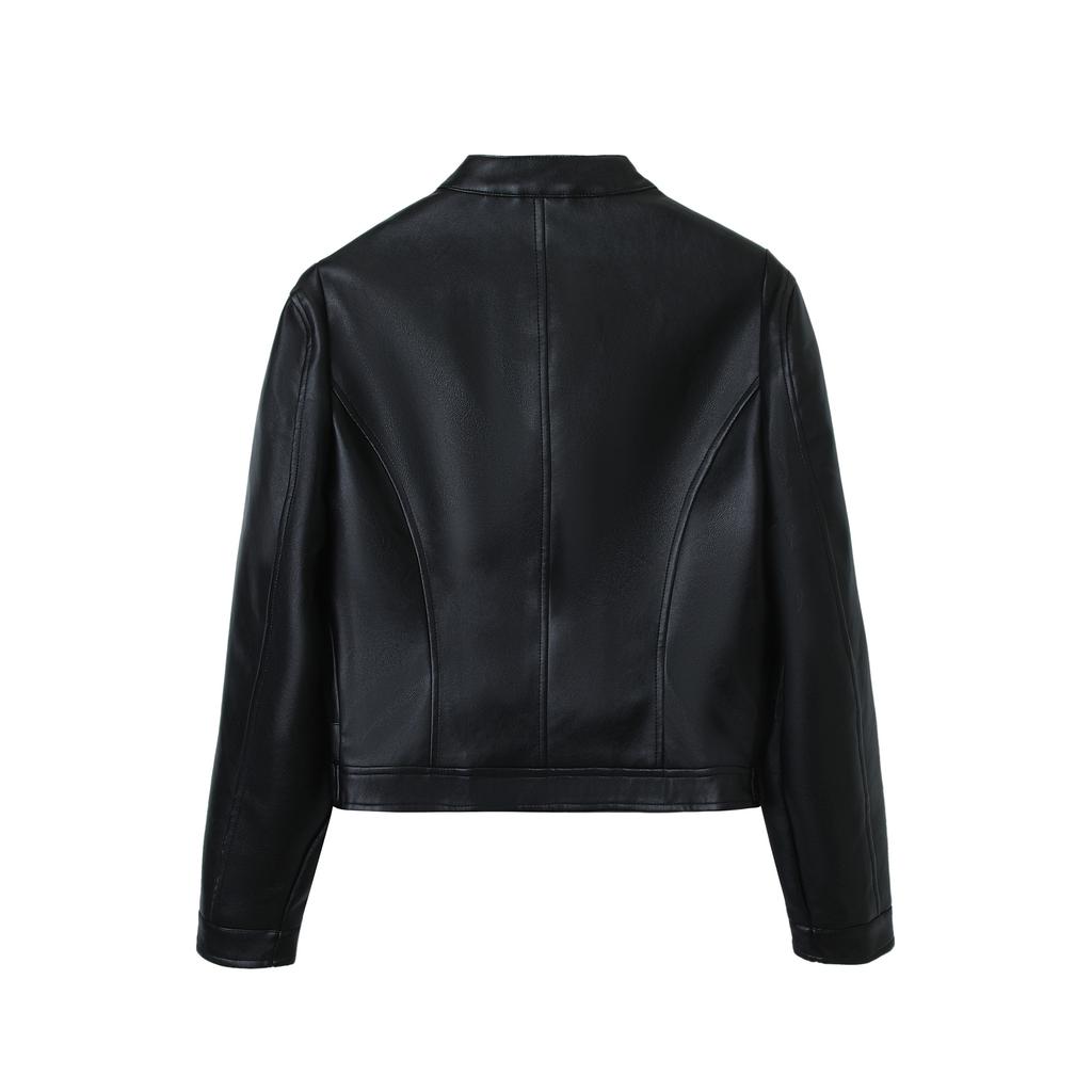 PU leather jacket women's round neck diagonal zipper spring and autumn winter wear motorcycle clothing zipper pocket women's jacket jacket