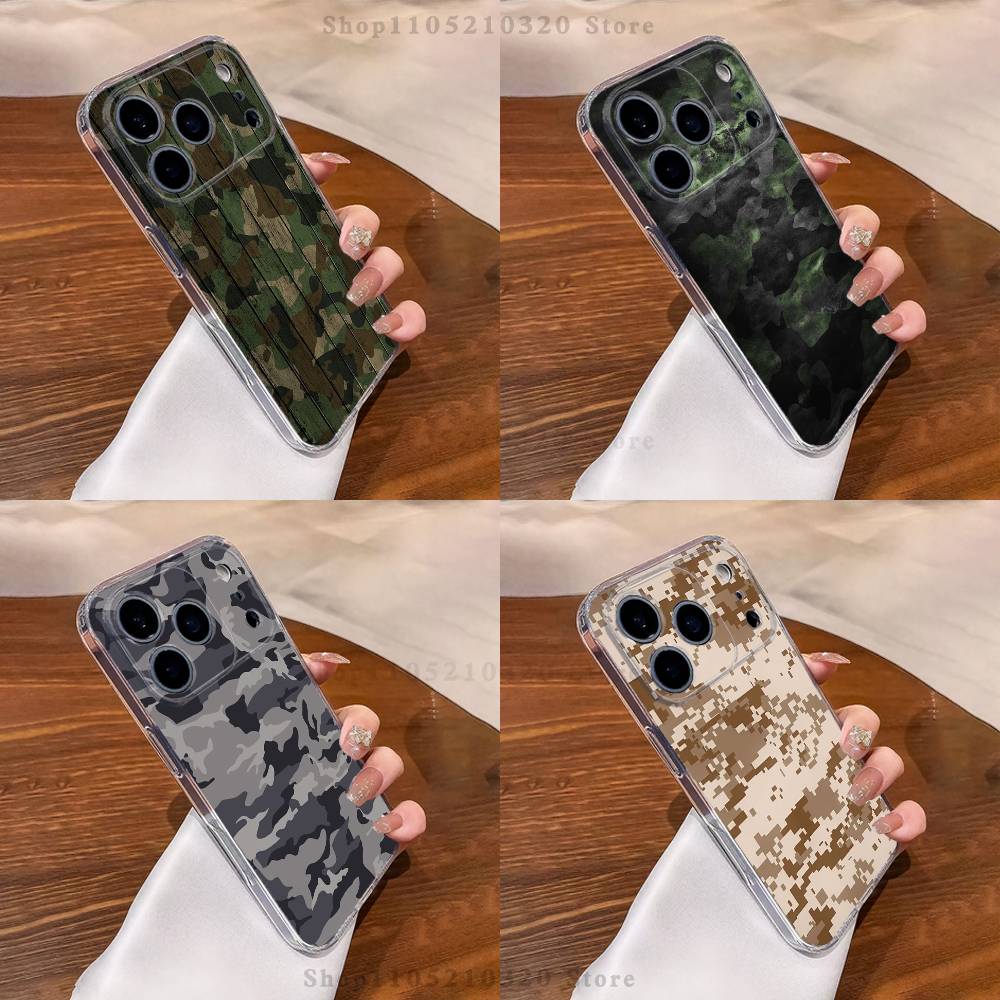 Камуфляжная чехол-бампер для телефона с военным рисунком iPhone17 16 15 14 13 12 11 Pro Max Plus Mini Прозрачный Полностью закрывающий заднюю крышку Силиконовый Мягкий чехол