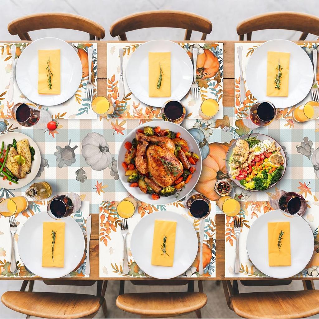 Fall Placemats Set of 4 Placemats,12x18 Inch Autumn Pumpkin Pattern Table Mats for Thanksgving Fall Holiday Party Kitchen Dining Indoor Outdoor Table