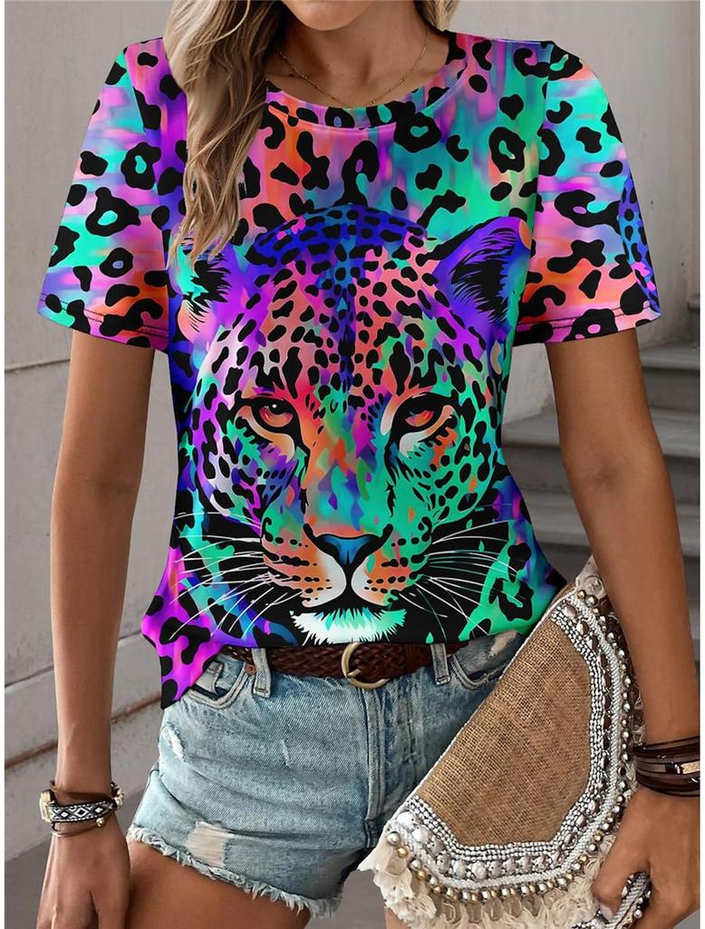 Summer Colorful Leopard 3D Print T-shirt Women Streetwear Casual Fashion Oversize Short Sleeve T Shirt O-neck Tees Tops Clothing
