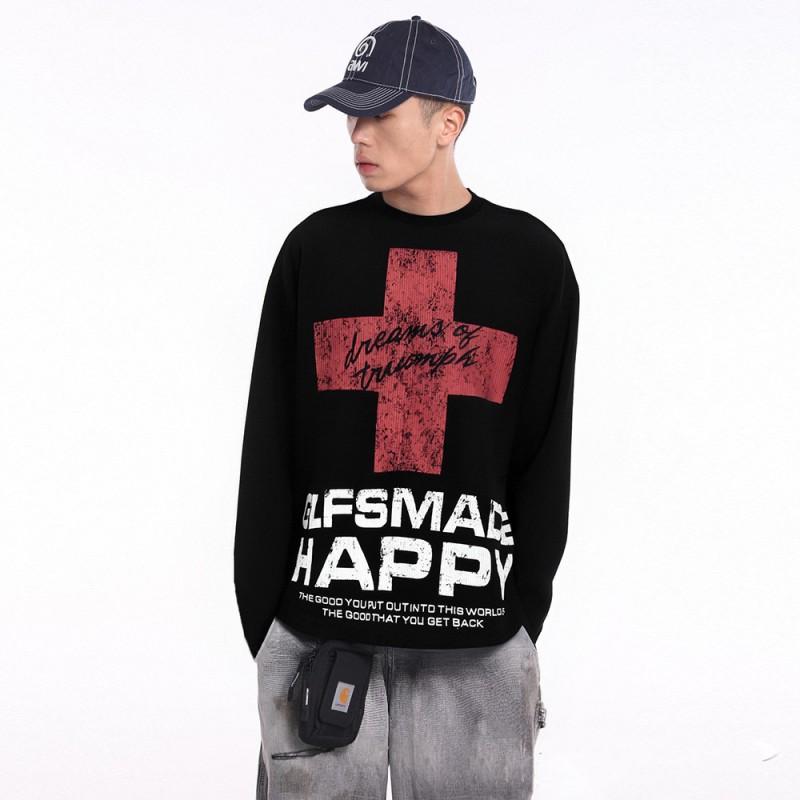 Mens Long Sleeve T Shirt Cross Print Loose Fit Street Style Casual Waffle Knit