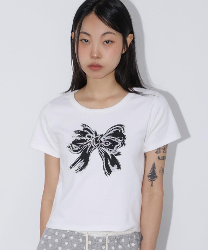 CHICKS Black Ribbon Crop Short Sleeve Tee White