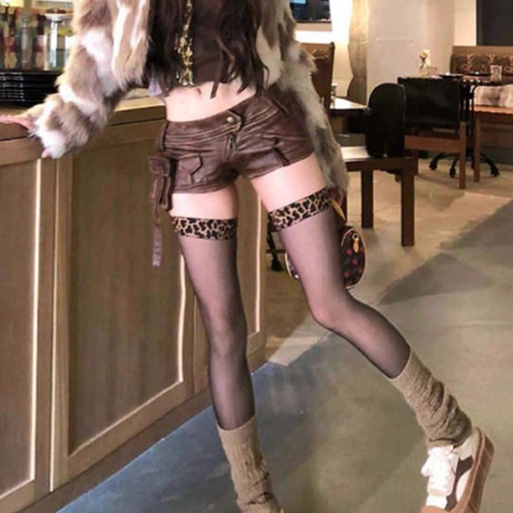 Leopard Print Aurora Black Silk Knee Socks, Sexy and Delicate Oily High Thigh Socks, Spring and Autumn Thin Stockings