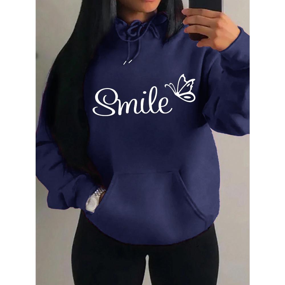 Smile Font Language Butterfly Pattern Hoody For Women Sport Pocket Clothing Cute Multicolor Streetwear Fashion Hoodies